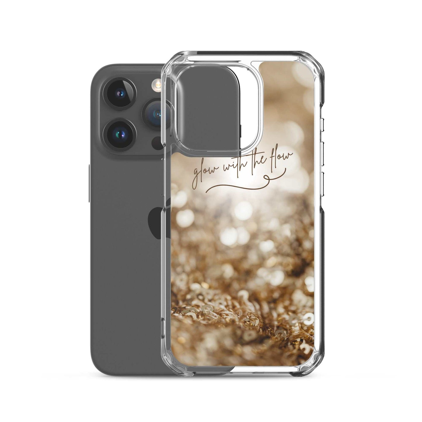 Clear Glow With The Flow iPhone Case with gold glitter design and script text, slim protective cover for iPhone.