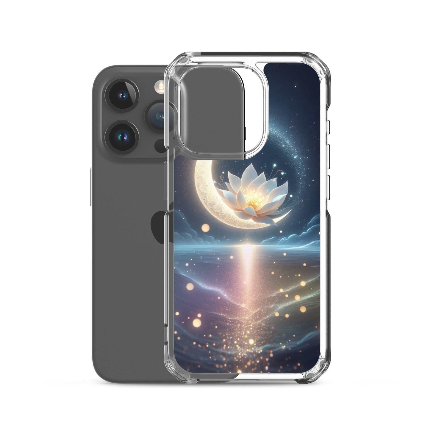 Phone case with celestial design featuring a moon and lotus flower on a white background
