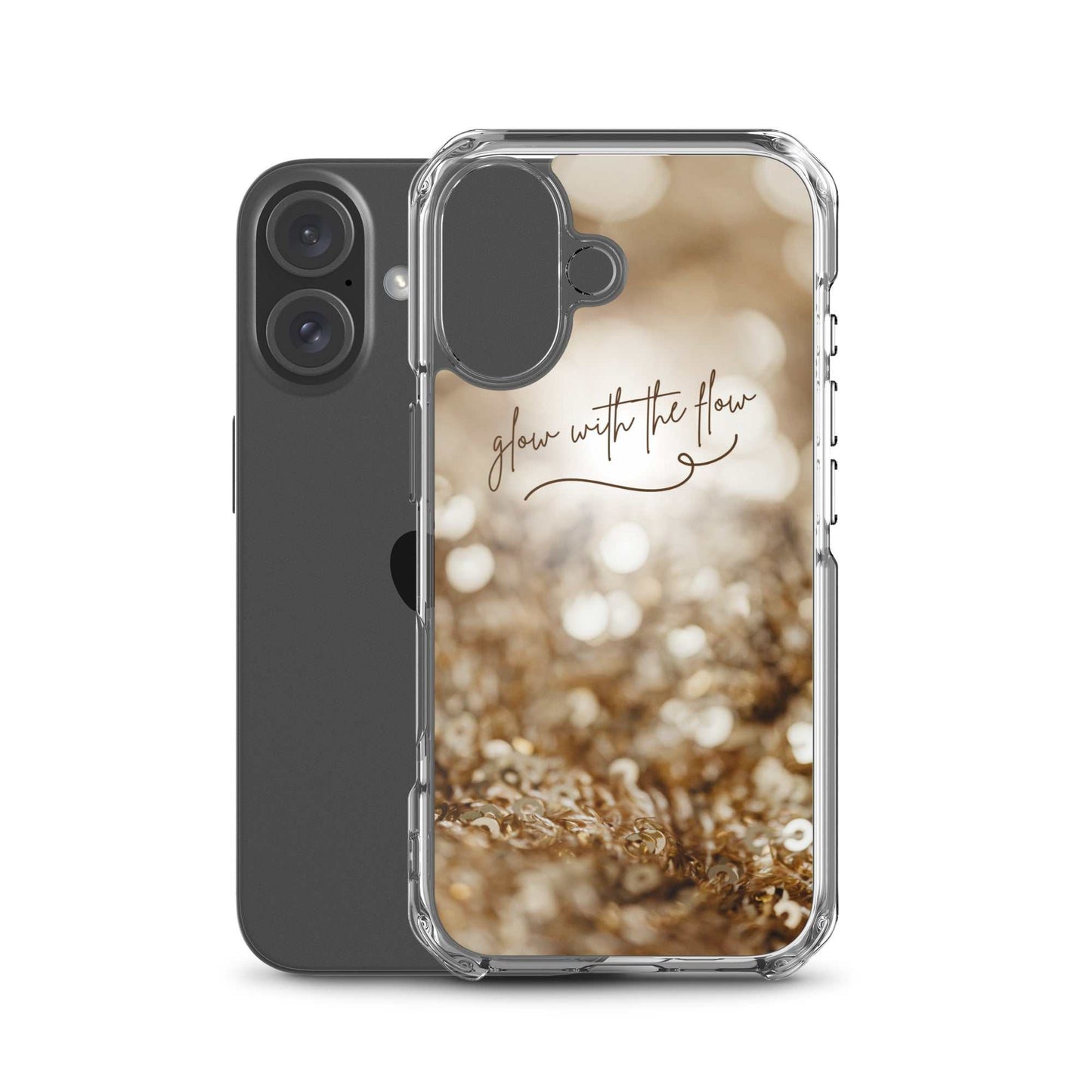 Glow With The Flow iPhone case with clear flexible sides and sparkling gold design for durable, stylish phone protection