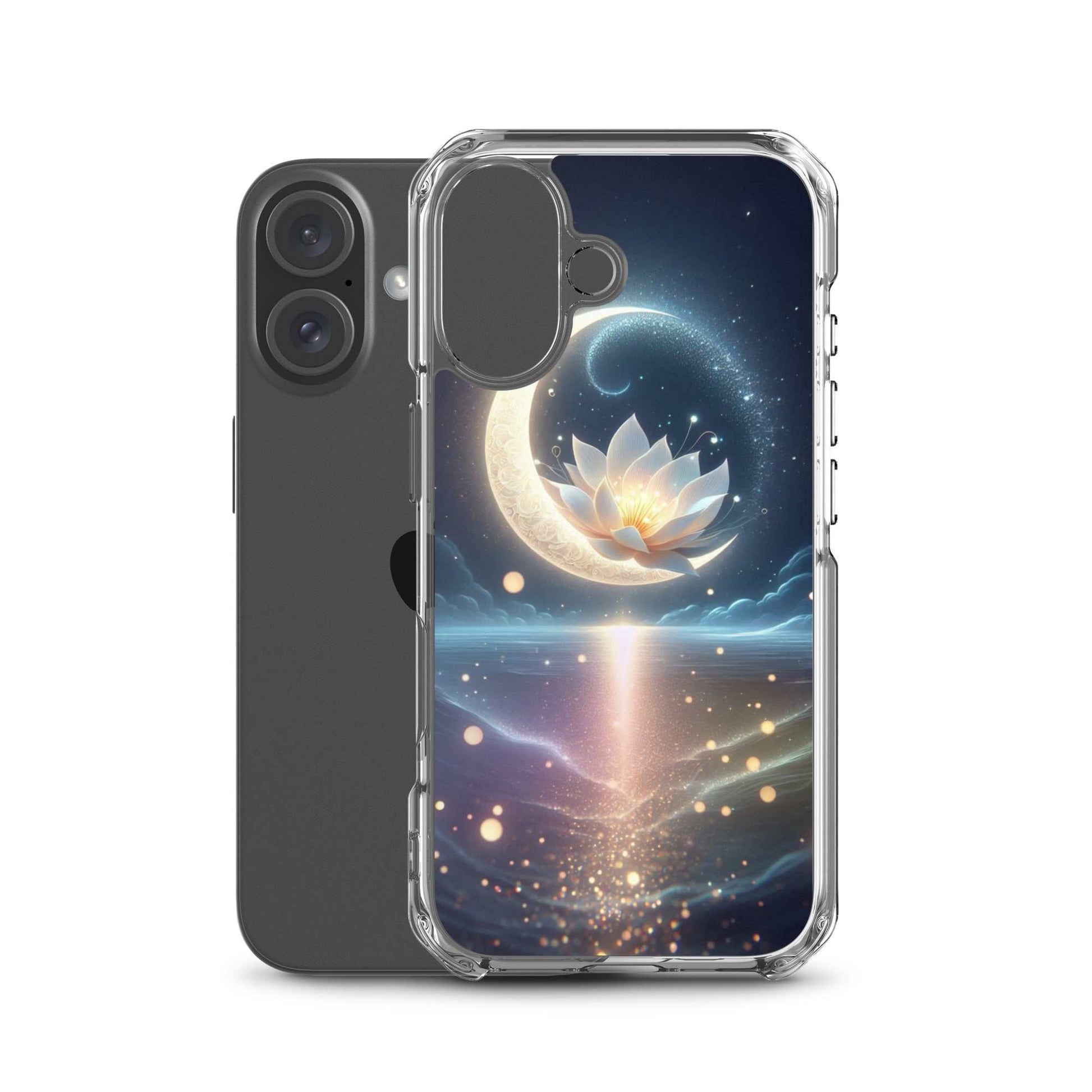 Phone case with a celestial design featuring a moon and lotus flower on a white background