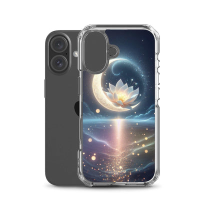 Phone case with a celestial design featuring a moon and lotus flower on a white background
