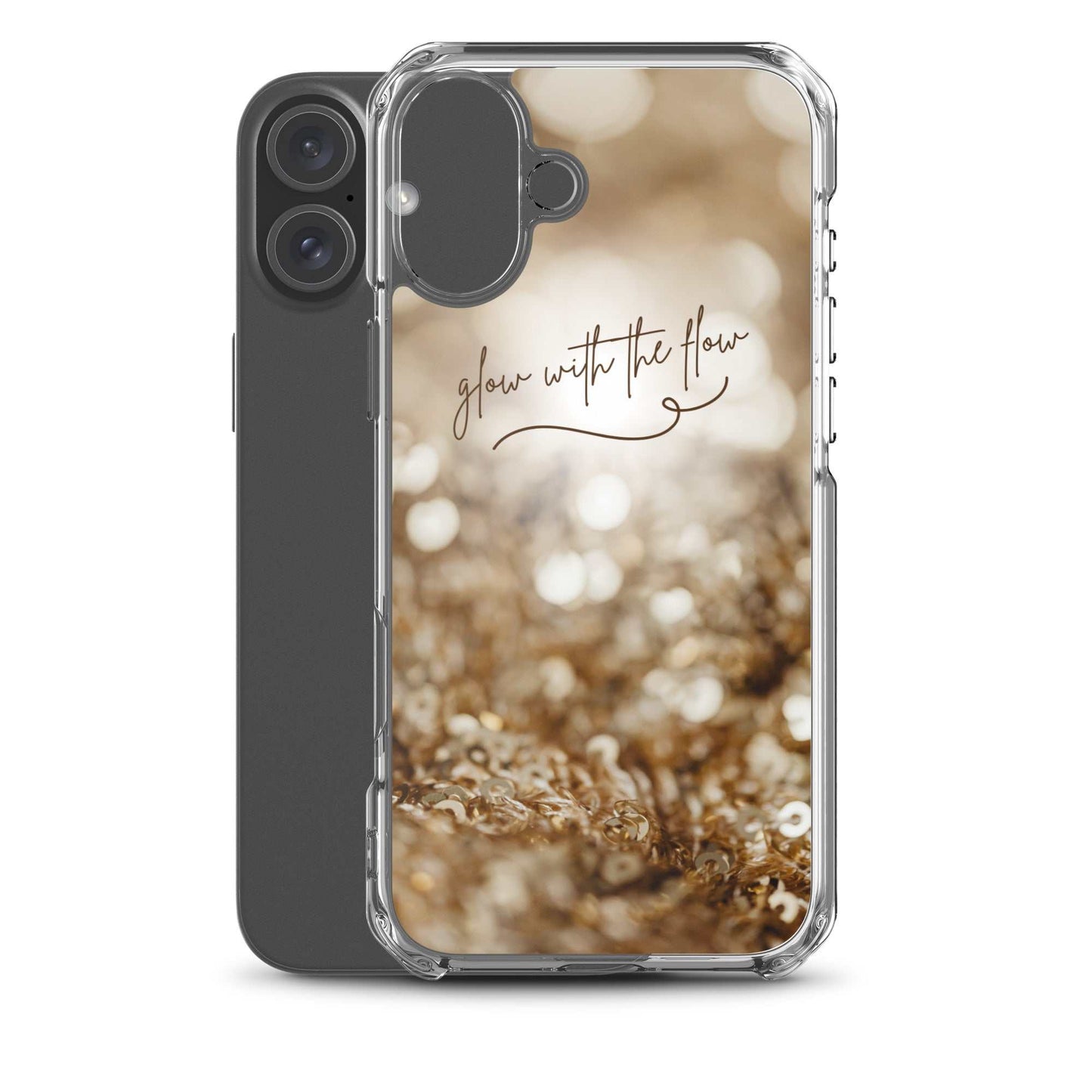 Glow With The Flow iPhone Case with clear flexible sides and gold glitter design