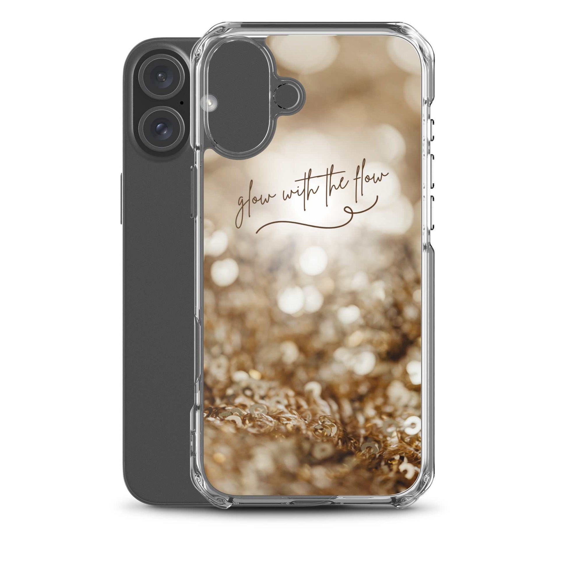 Glow With The Flow iPhone Case with clear flexible sides and gold glitter design