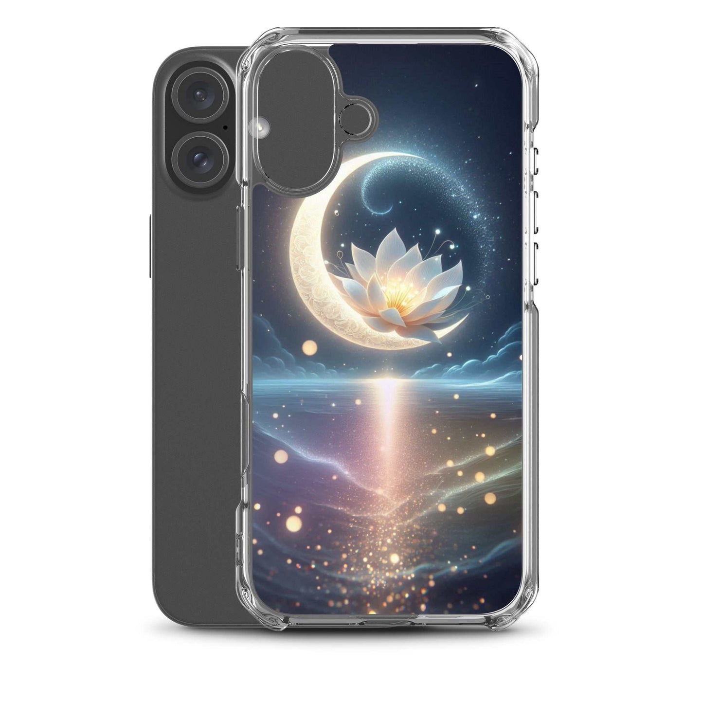 Phone case with a celestial design featuring a moon and lotus flower on a white background