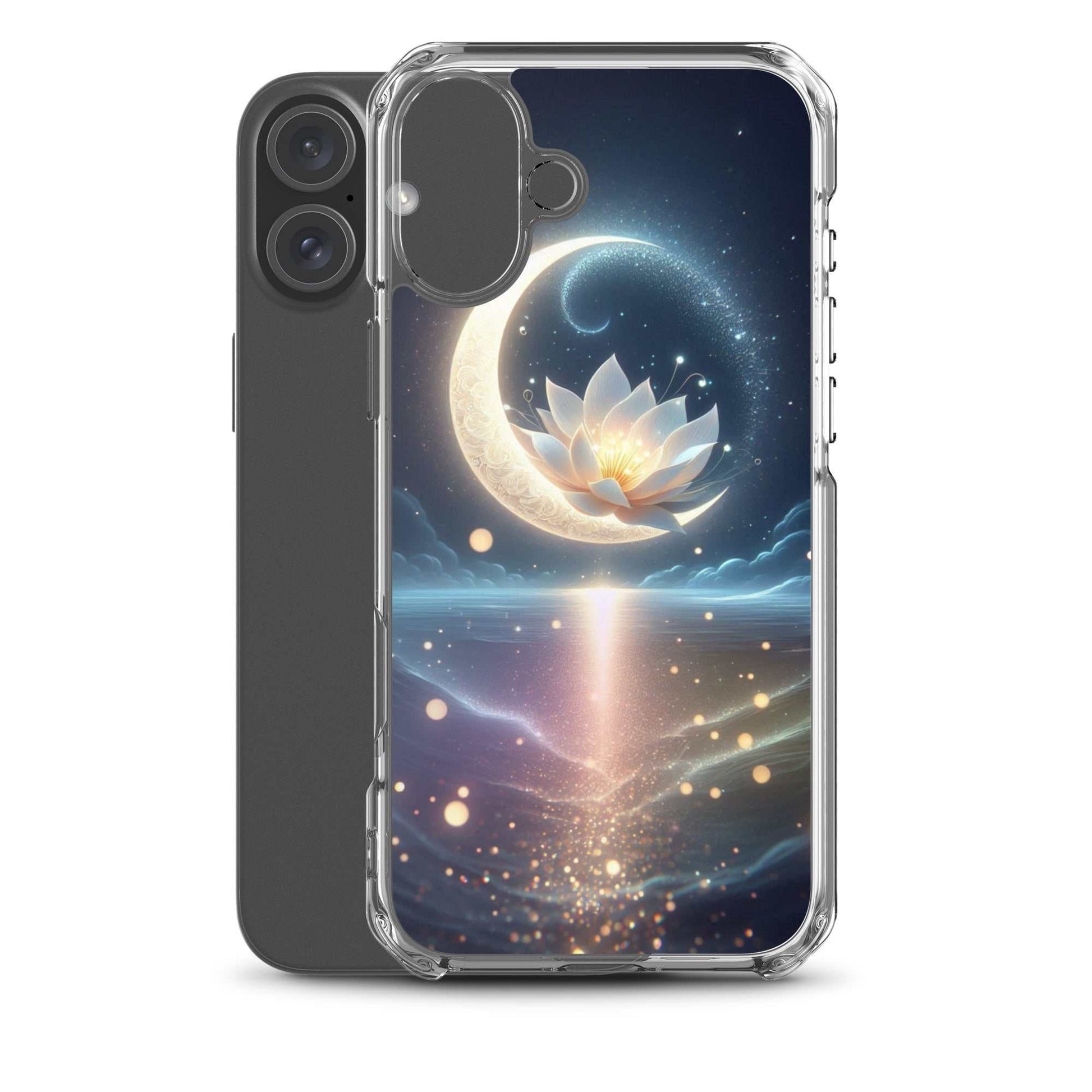 Phone case with a celestial design featuring a moon and lotus flower on a white background