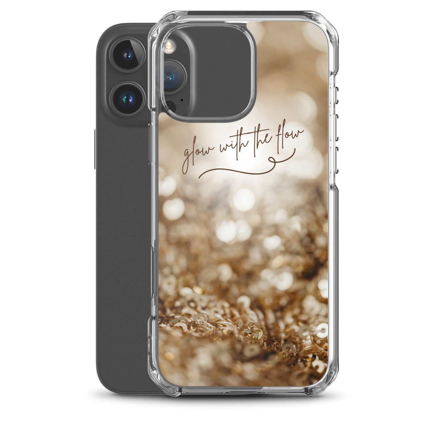 Glow With The Flow iPhone case with clear flexible sides and sparkling gold design