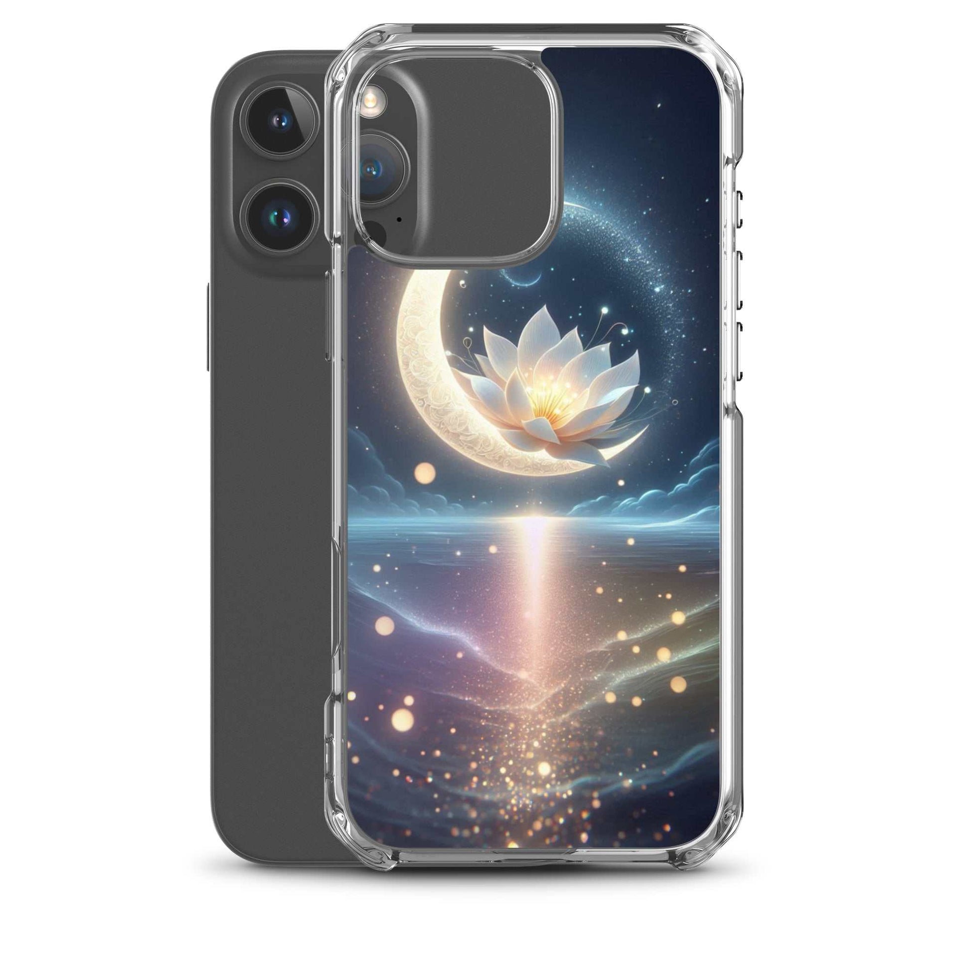 Phone case with celestial design featuring a lotus flower and moon on a white background