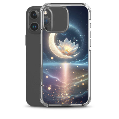 Phone case with celestial design featuring a lotus flower and moon on a white background