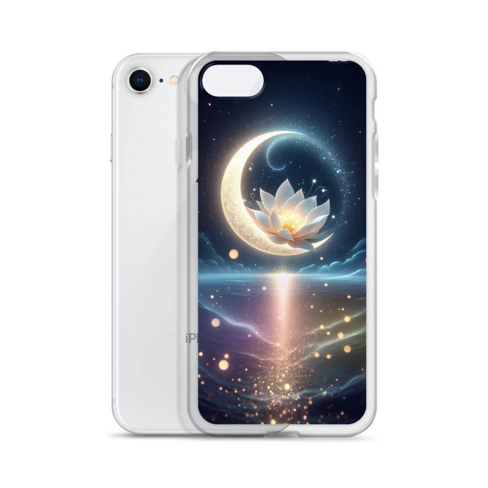 Phone case with celestial design featuring a moon and lotus flower on a white background