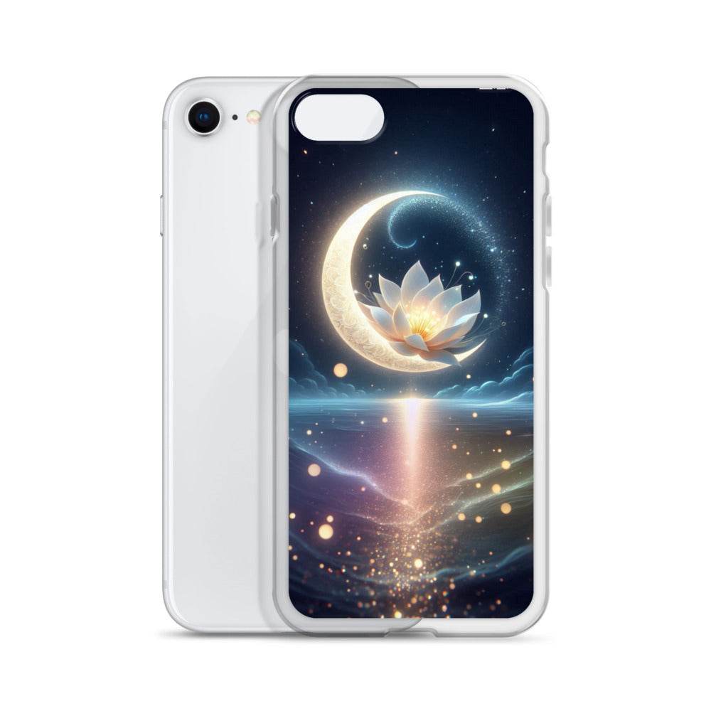 Phone case with a celestial design featuring a moon and lotus flower on a white background
