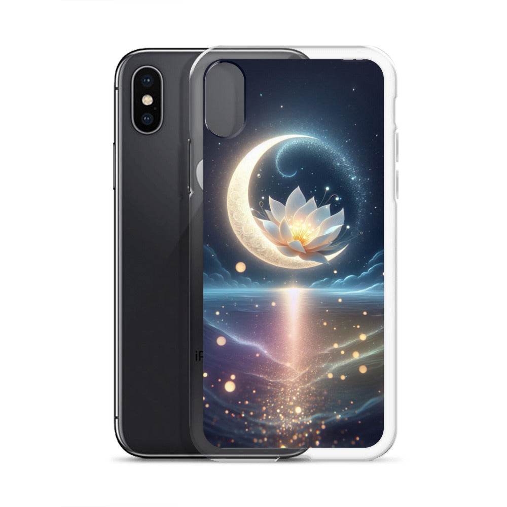 Phone case with a design of a lotus flower and crescent moon on a white background