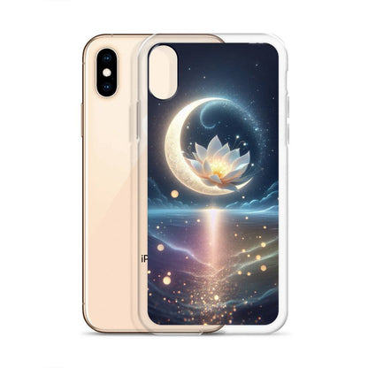 Phone case with celestial design featuring a moon and lotus flower on a white background
