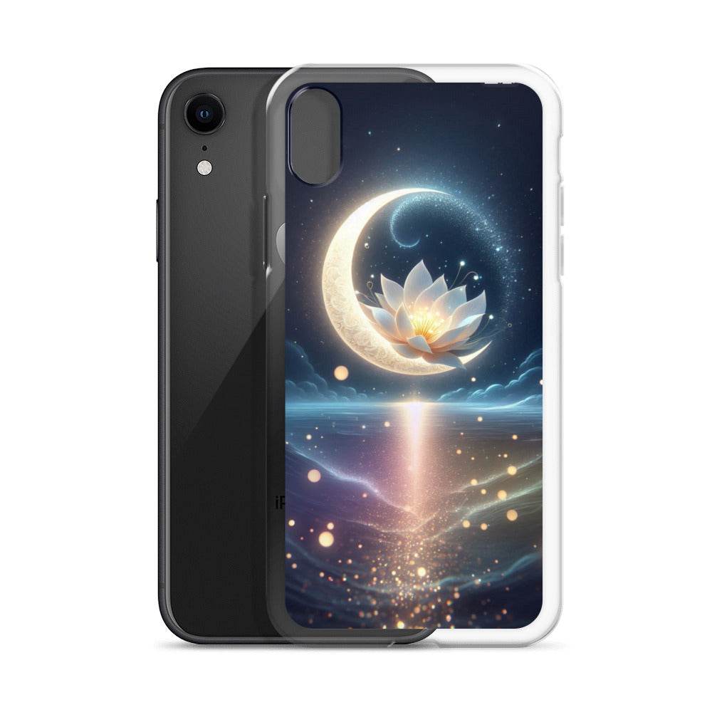 Phone case with celestial design featuring a moon and lotus flower on a white background