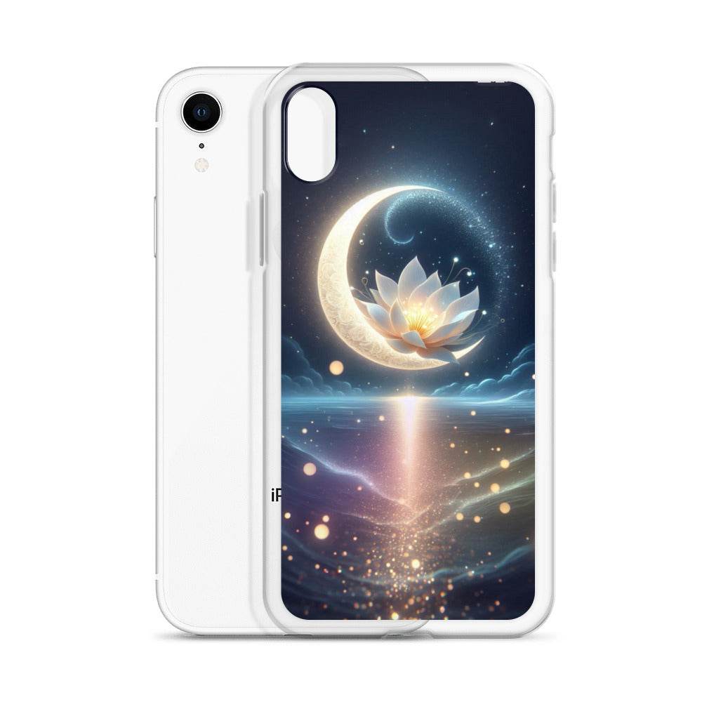 Phone case with celestial design featuring a moon and lotus flower on a white background