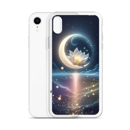 Phone case with celestial design featuring a moon and lotus flower on a white background