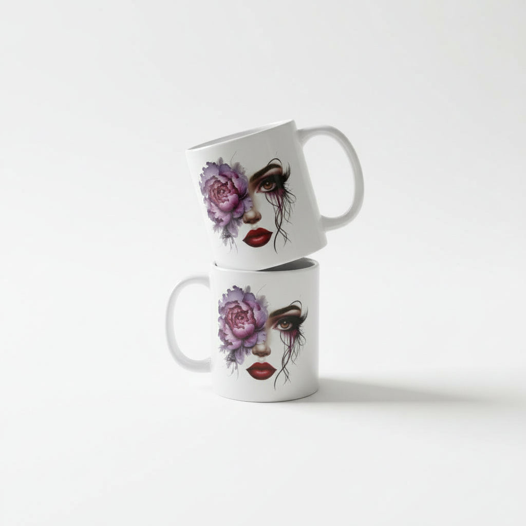 Glanzende keramische mok met artistieke gezicht print voor rustmomenten op gedekte tafel met kaarsen en kristallen