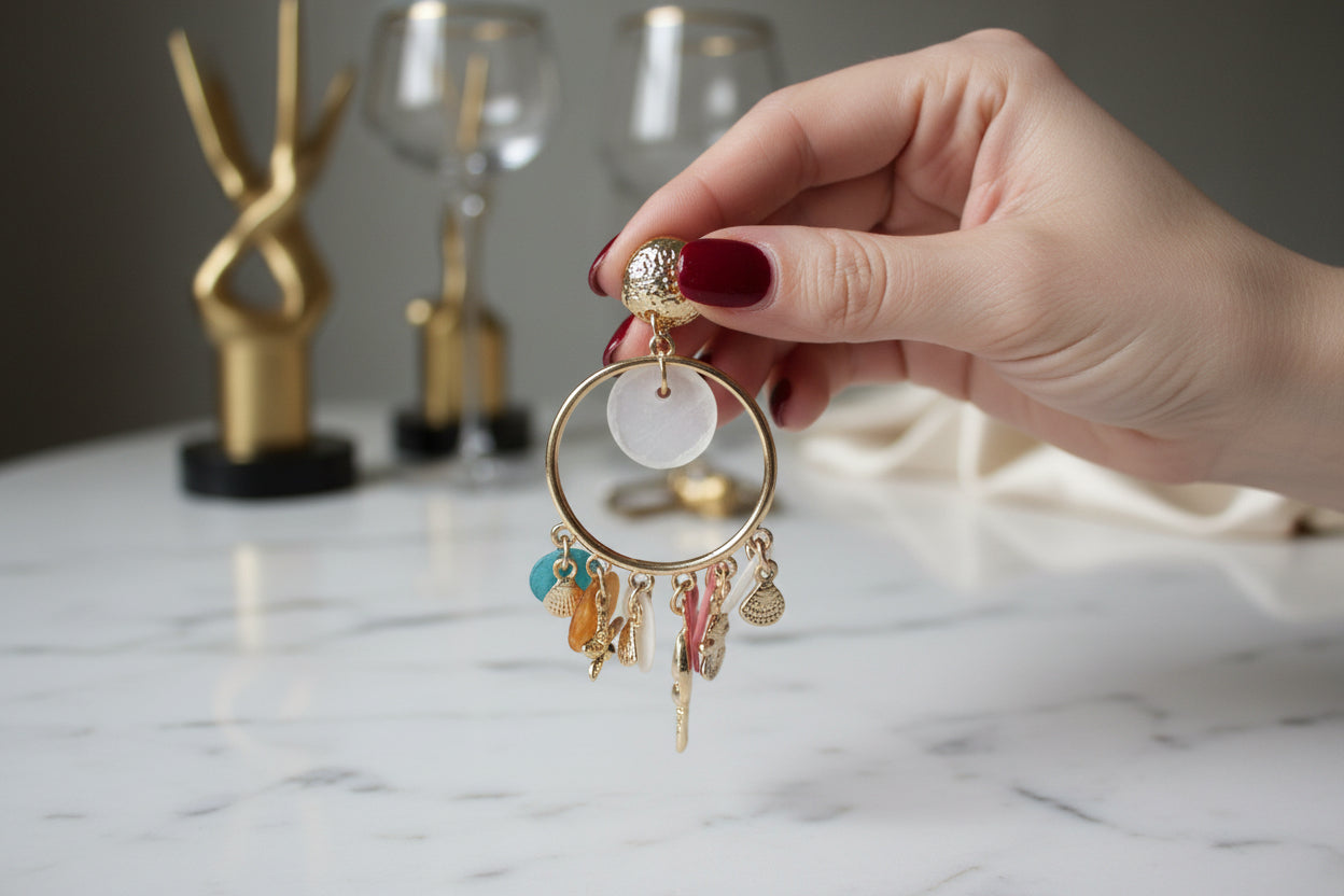 Een gedetailleerde close-up van een hand met rode nagellak die één Glow Mystic statement oorbel vasthoudt. De goudkleurige nikkelvrije metalen hoop toont levendige semi-transparante charms (blauw, oranje, roze), een starfish charm en schelpjes tegen een zacht verlichte houten achtergrond.