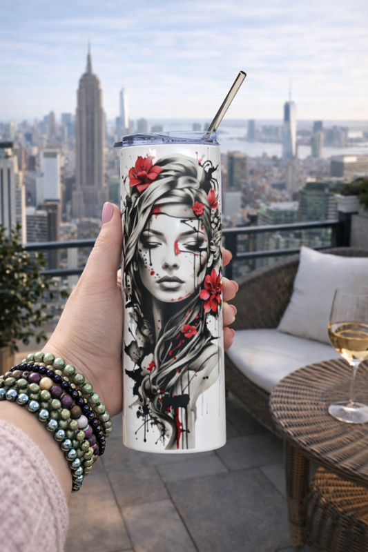 RVS drinkbeker Mystic Muse met mystieke vrouwelijke illustratie en roestvrijstalen rietje, ideaal voor warme en koude dranken.