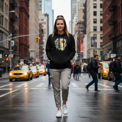 Vrouw draagt zwarte Mystic Nature Goddess Hoodie met spirituele vrouwelijke kunst in stedelijke omgeving