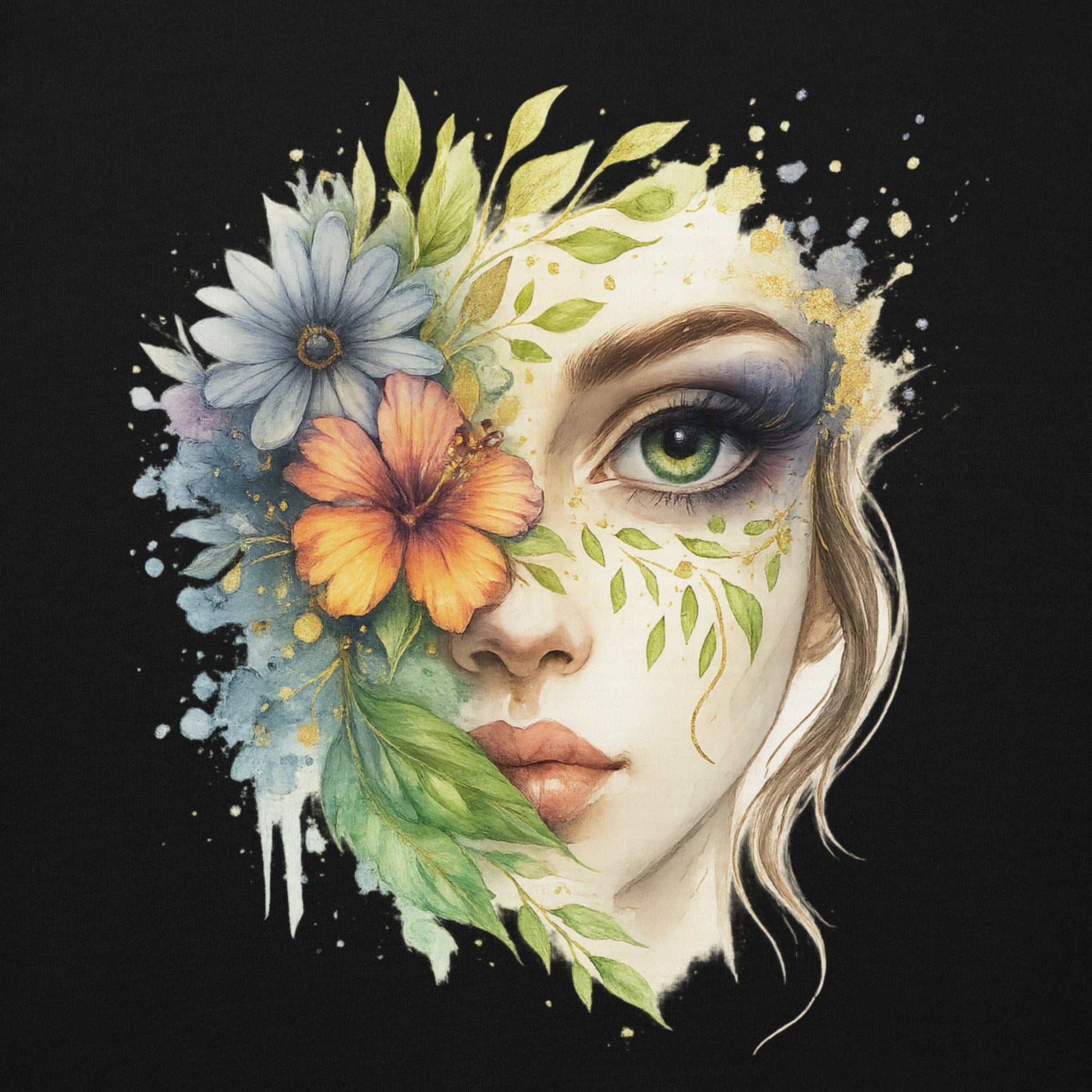 Mystic Nature Goddess hoodie met spirituele vrouwelijke kunst en bloemenprint, comfortabele katoenen stof.