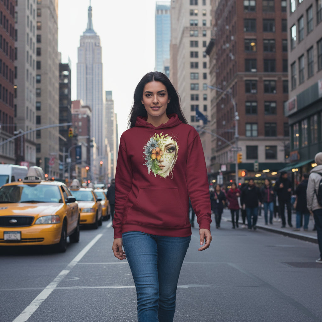 Woman wearing a maroon Mystic Nature Goddess Hoodie with a floral and face design in a clothing store