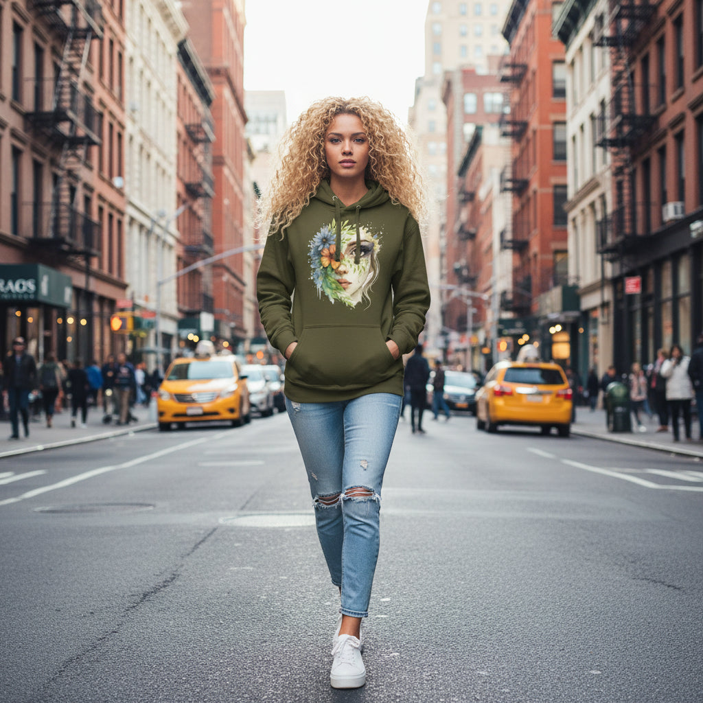 woman wearing green hoodie while walking down the streets of new york
