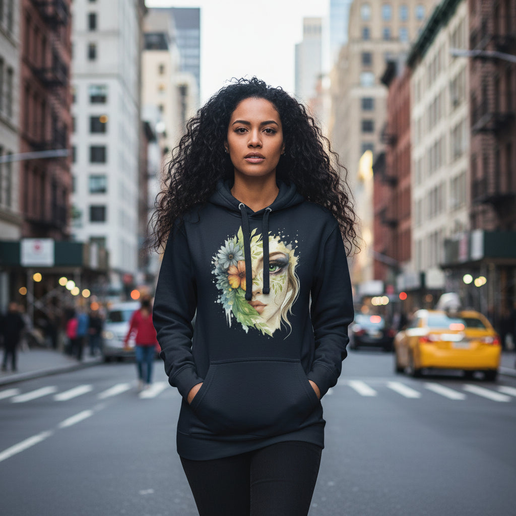 Black Mystic Nature Goddess Hoodie with half female face and floral design 