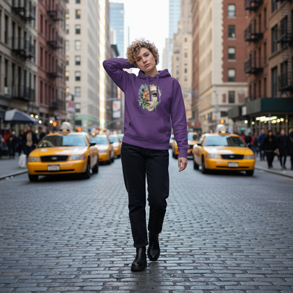 Woman wearing purple Mystic Nature Goddess Hoodie with floral goddess face design in modern clothing store interior