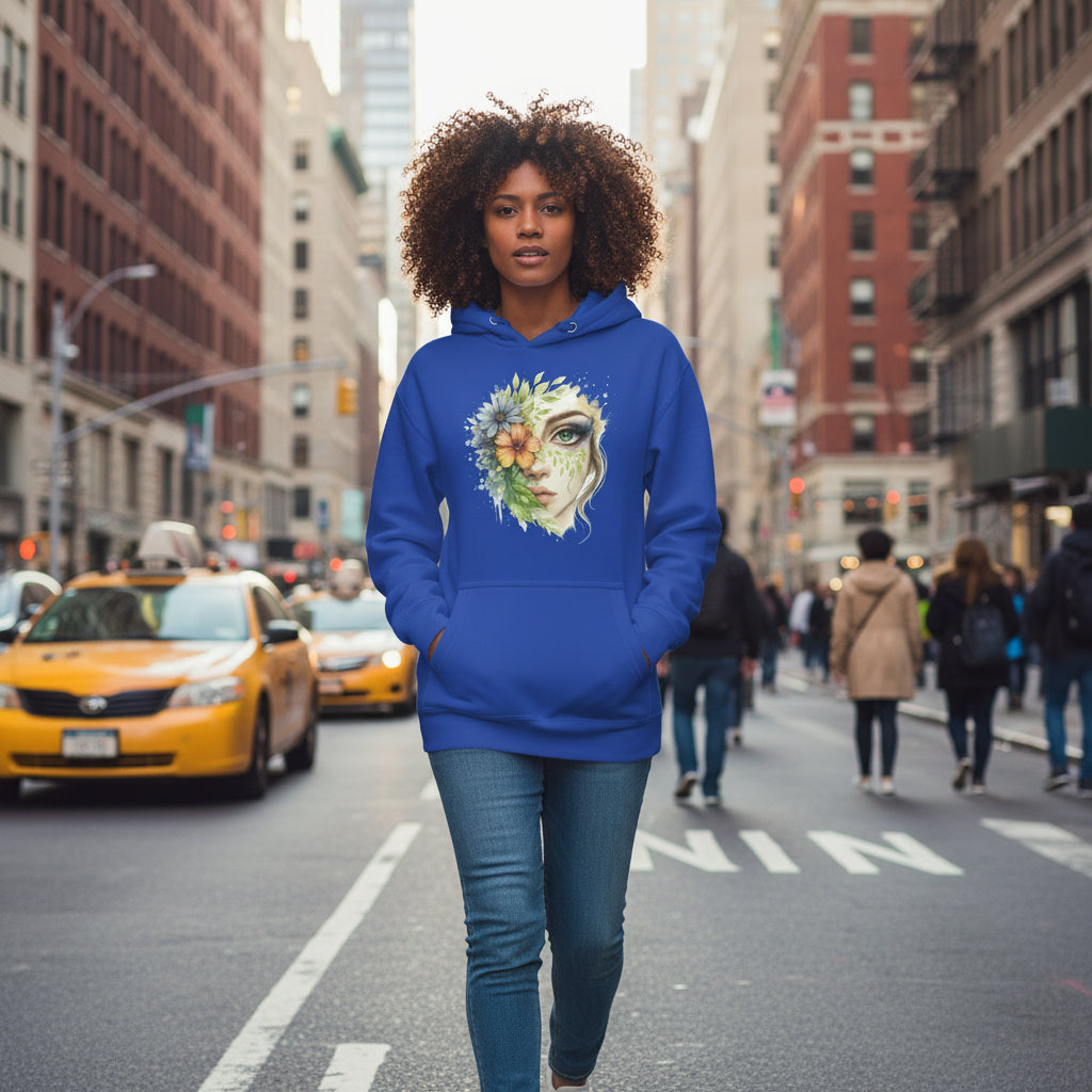 woman wearing bright blue Mystic Nature Goddess Hoodie with floral goddess face design in cozy boho room