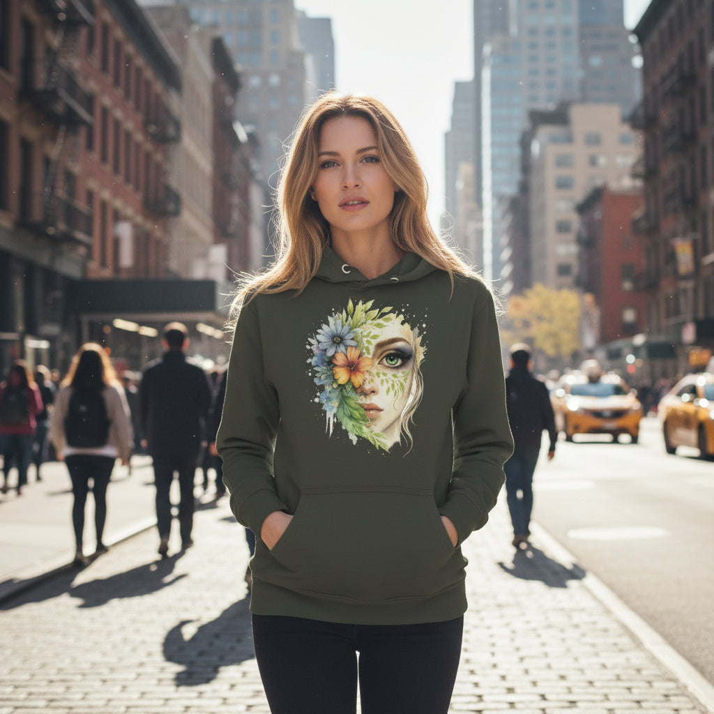 Man wearing black Mystic Nature Goddess Hoodie with vibrant floral and feminine face design