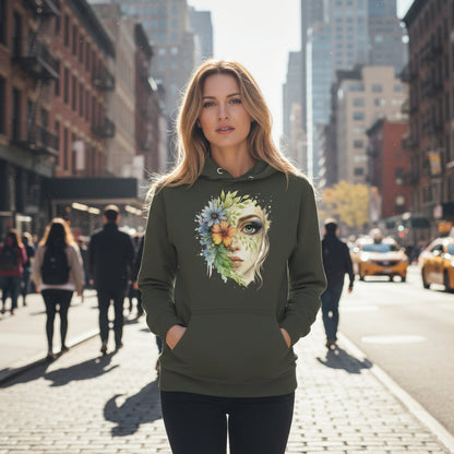 Vrouw draagt Mystic Nature Goddess Hoodie met spirituele vrouwelijke kunst en bloemenprint in stadsomgeving