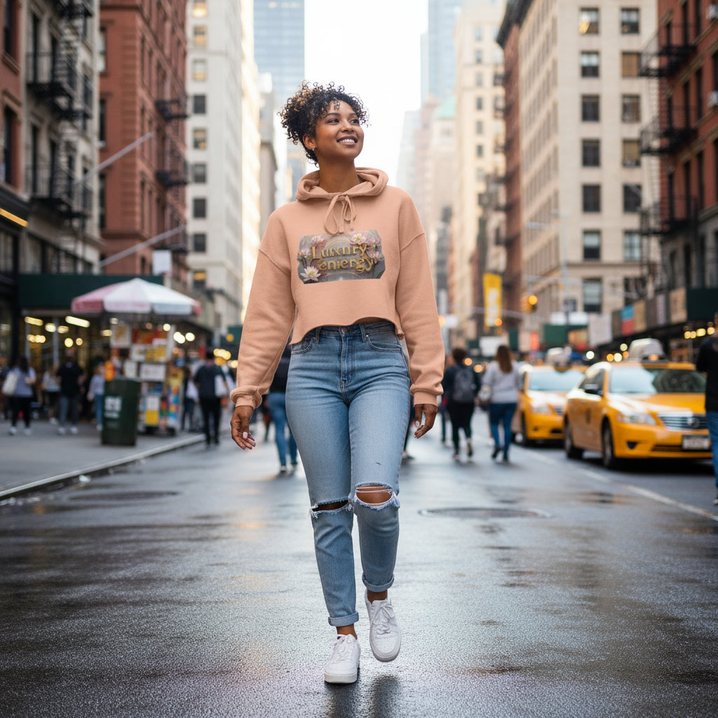 woman wearing Luxury is My Energy Cropped Hoodie in blush pink with floral graphic, paired with black leggings in gym setting