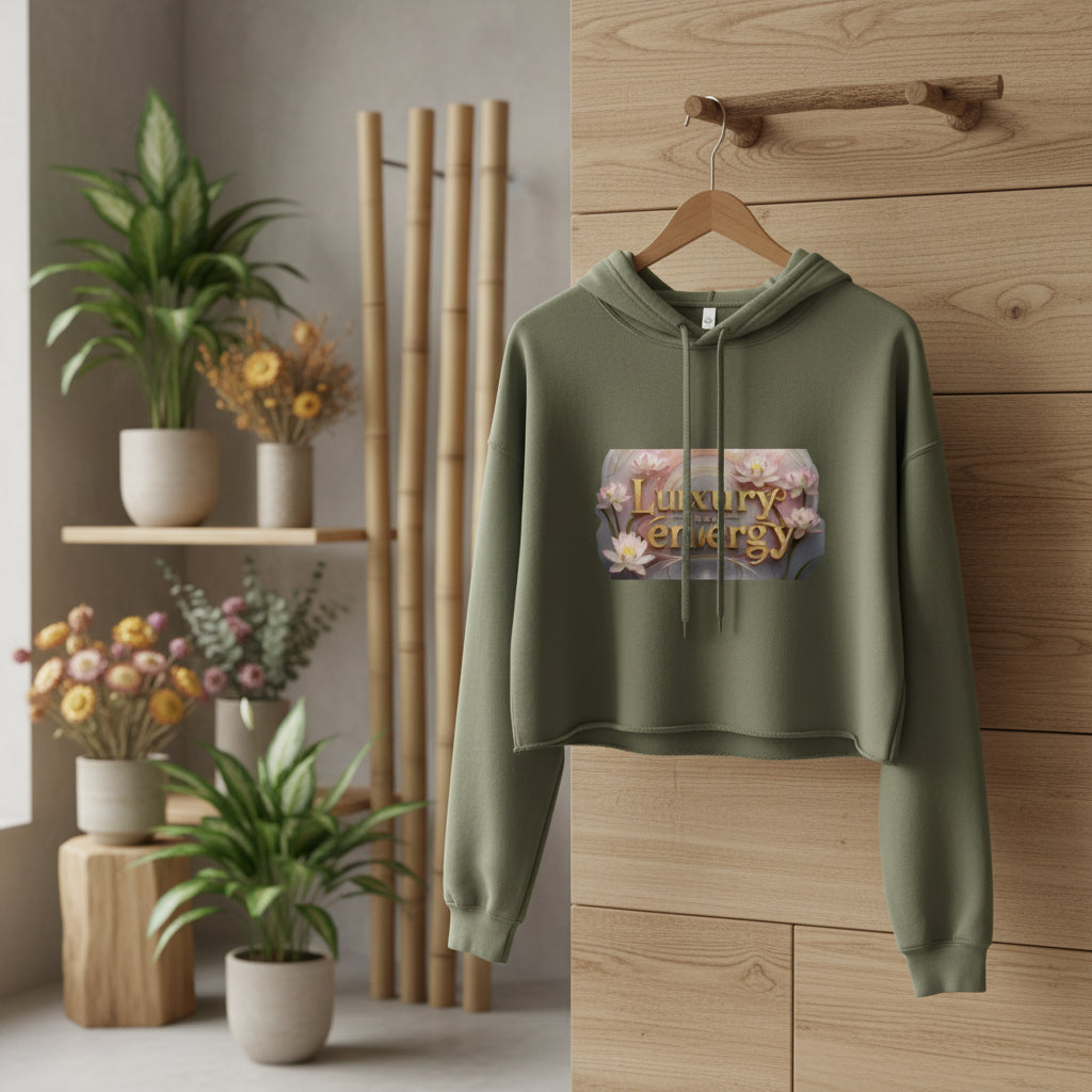 Olive green cropped hoodie with "Luxury is My Energy" floral graphic, soft cotton blend fabric, dropped shoulder, raw hem design.