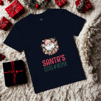 Navy Santa's Little Helper Christmas T-Shirt with Santa and reindeer design surrounded by wrapped gifts on a fuzzy surface