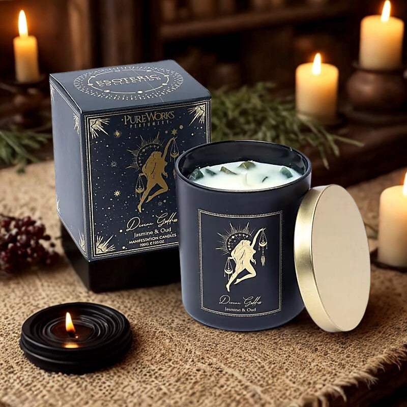 Divine Goddess manifestatiekaars met Xinyi Jade edelstenen in luxe zwarte giftbox