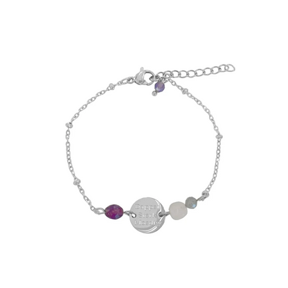 Dapper Sterk Moedig armband van stainless steel met Granaat, Rozenkwarts, Labradoriet en Amethist op witte achtergrond