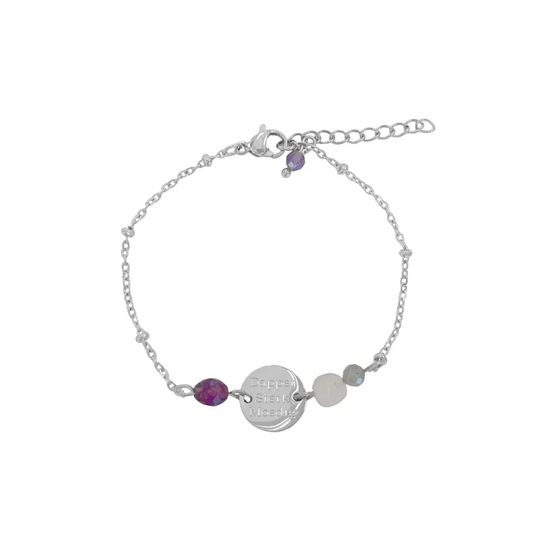 Dapper Sterk Moedig armband van stainless steel met Granaat, Rozenkwarts, Labradoriet en Amethist op witte achtergrond