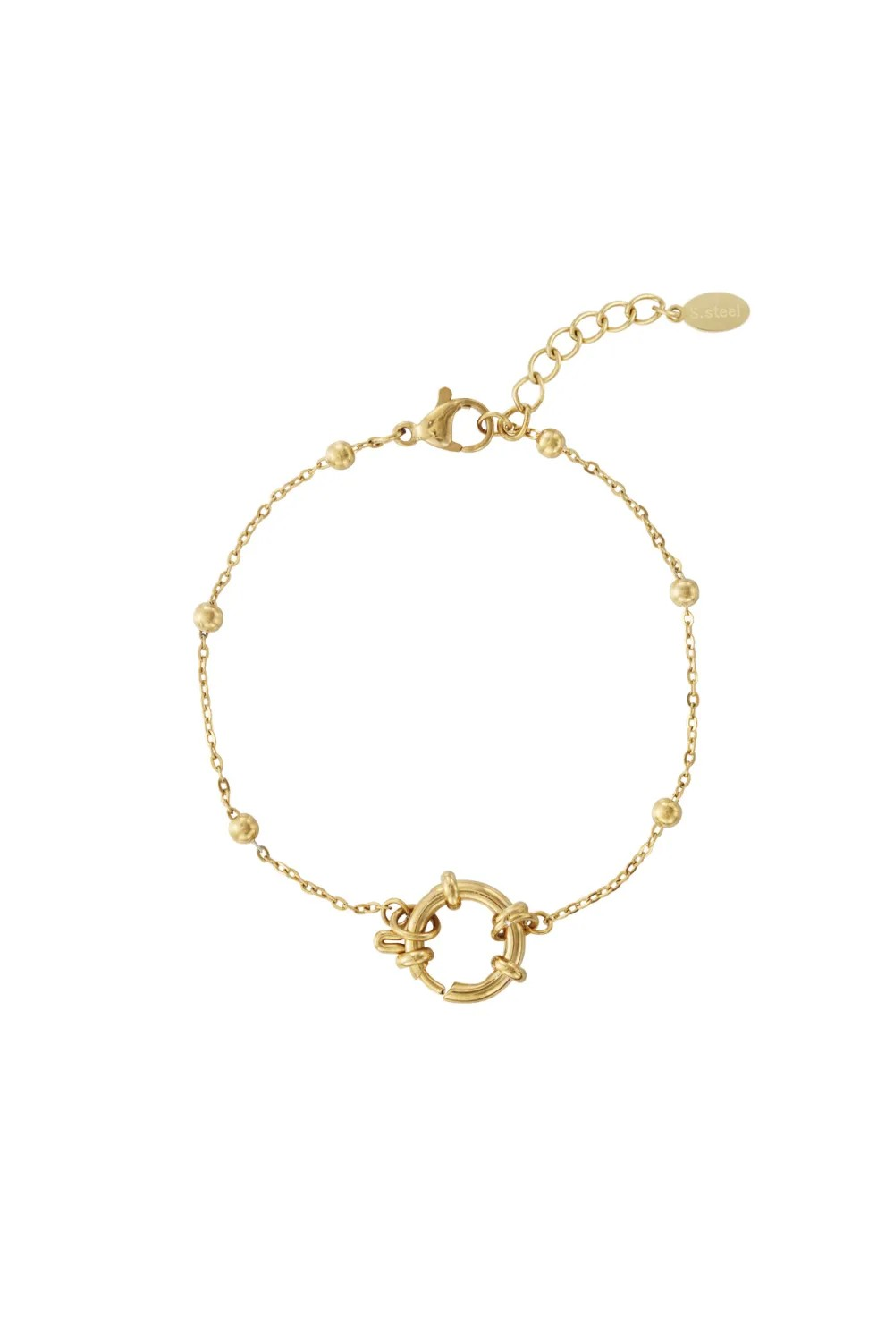 Glow Mystic in Style gouden RVS schakelarmband met ronde bedelsluiting en verlengketting