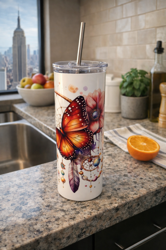 RVS drinkbeker met boho vlinder dromenvanger design, thermosbeker 600 ml, all-over print, inox tumbler