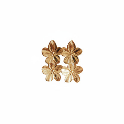 Goudkleurige RVS oorbellen dubbele bloem, lichtgewicht statement voor dames, 5,5 cm lang