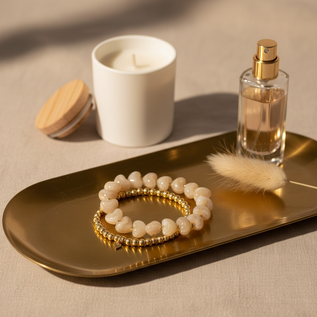 Bovenaanzicht van de 2-delige Glow Mystic in Style elastische armbanden set met camel hartjes en gouden RVS kralen op een goudkleurige schaal.