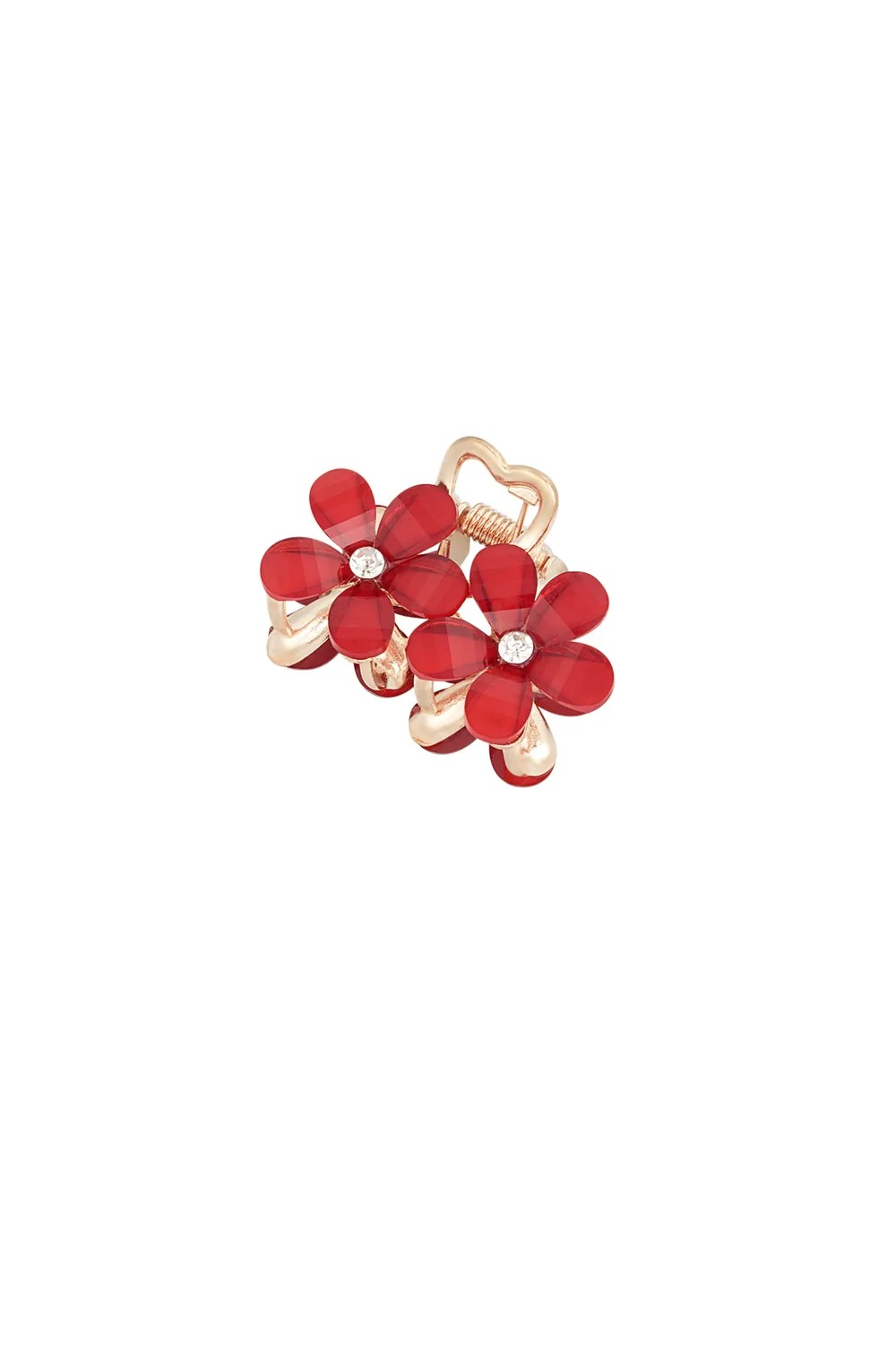 Gouden mini haarklem met twee rode bloemetjes en strass-steentjes