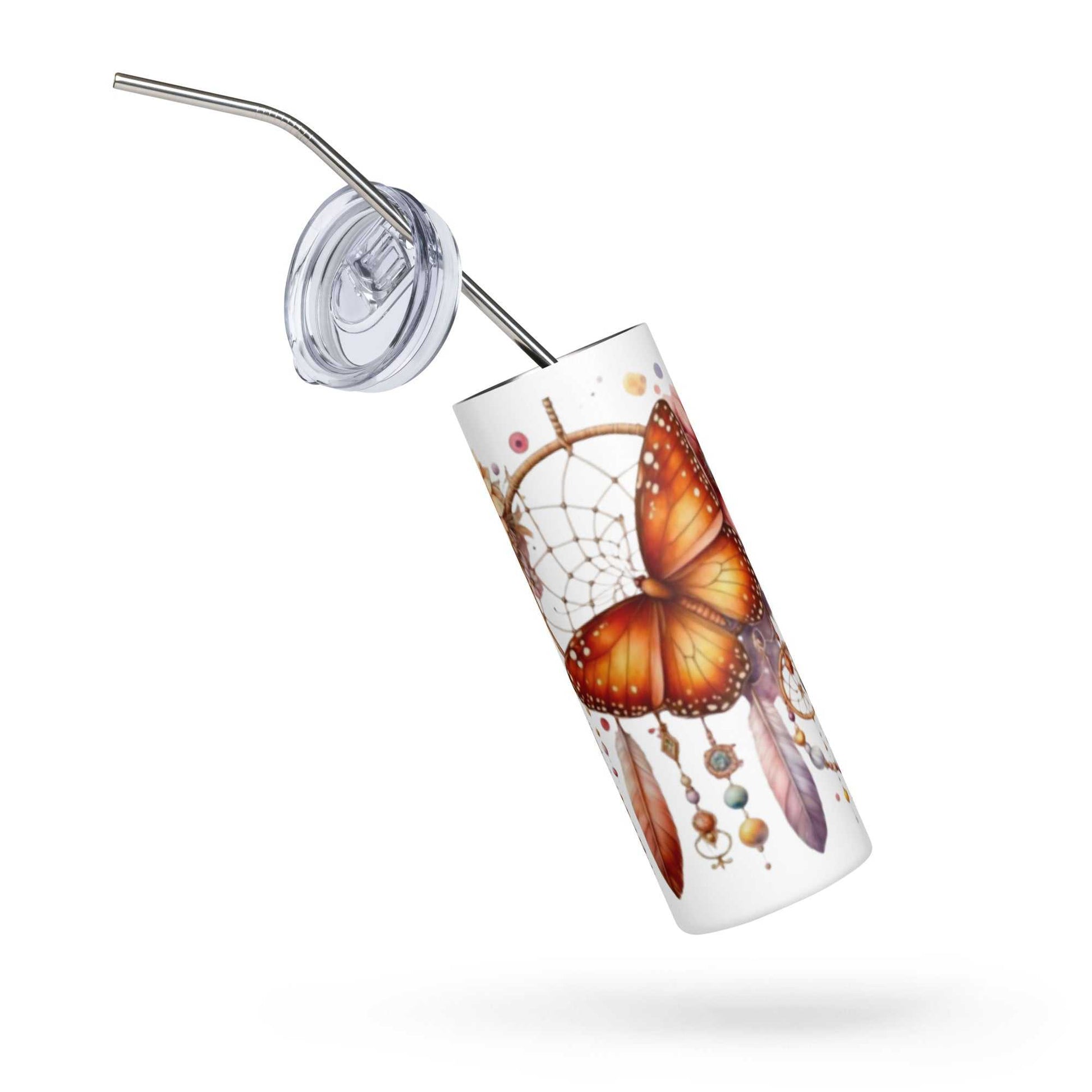 RVS drinkbeker met all-over print boho vlinder dromenvanger en herbruikbaar metalen rietje