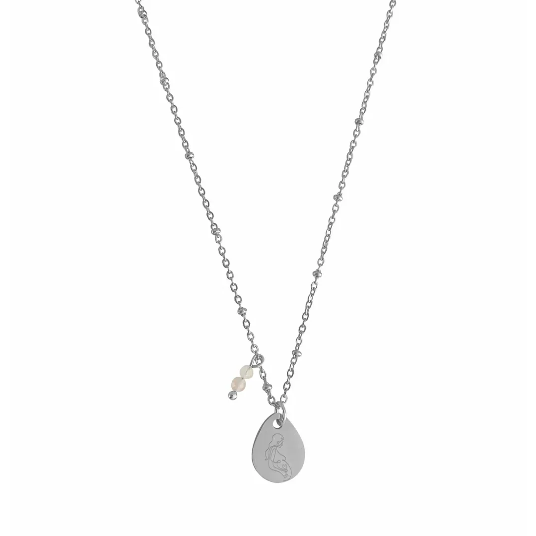 Zwangerschap ketting met rozenkwarts druppel hanger van roestvrij staal gegraveerd met zwangere vrouw en hartje