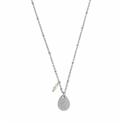 Zwangerschap ketting met rozenkwarts druppel hanger van roestvrij staal gegraveerd met zwangere vrouw en hartje