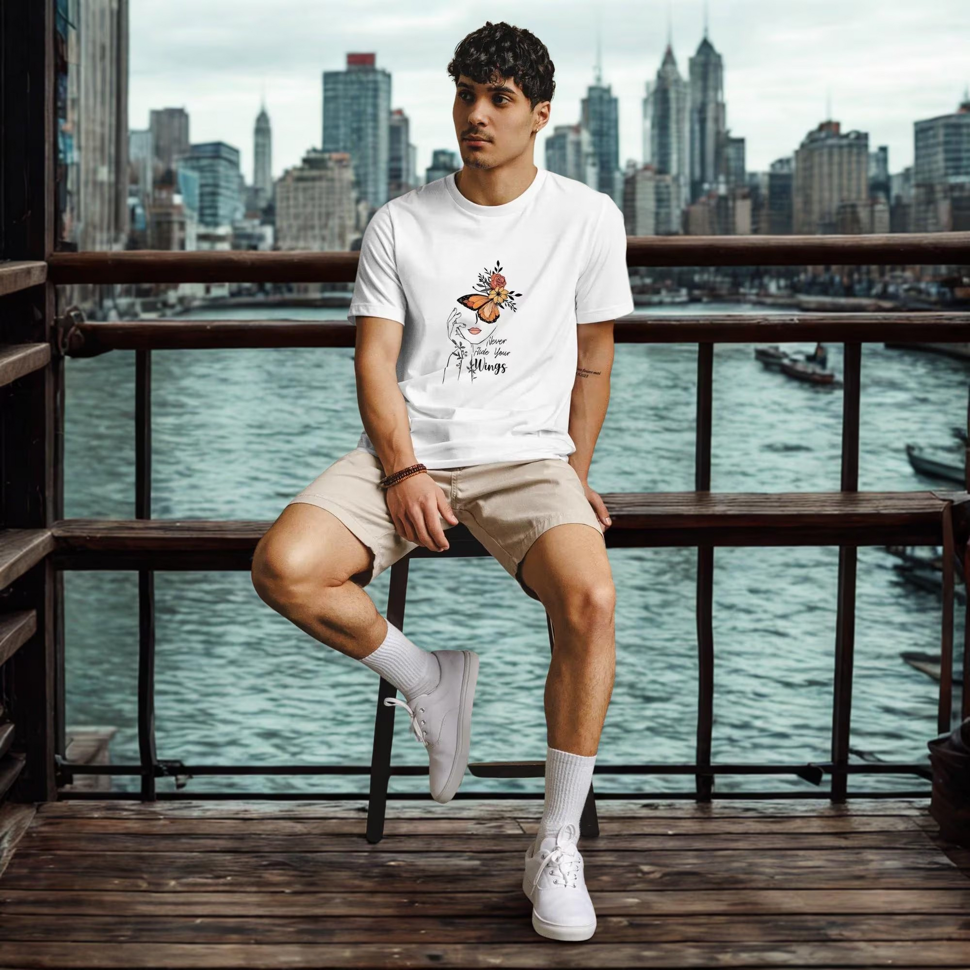 Man wearing Butterfly Graphic Organic Cotton T Shirt with city skyline and river background, casual look