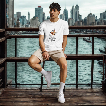 Man wearing Butterfly Graphic Organic Cotton T Shirt with city skyline and river background, casual look