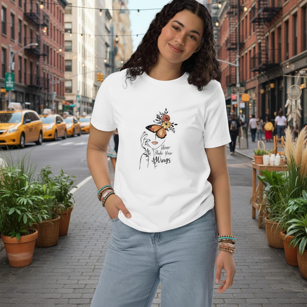 Woman wearing Butterfly Graphic Organic Cotton T Shirt with orange butterfly and floral design in urban outdoor setting