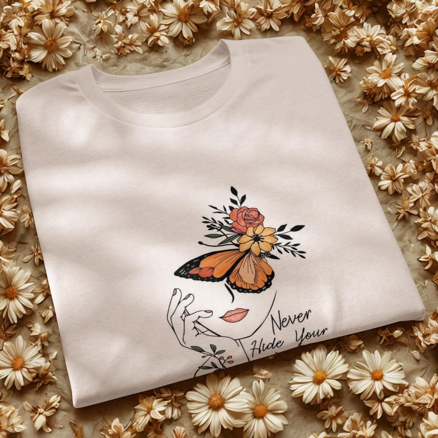 Folded white Butterfly Graphic Organic Cotton T Shirt with floral and butterfly design surrounded by dried flowers.