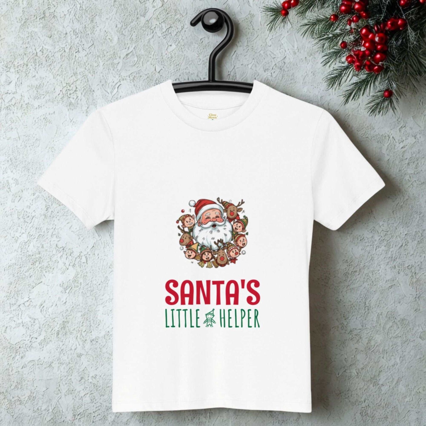 White Santa's Little Helper Christmas T-Shirt with festive Santa and elf design, soft cotton, unisex fit.